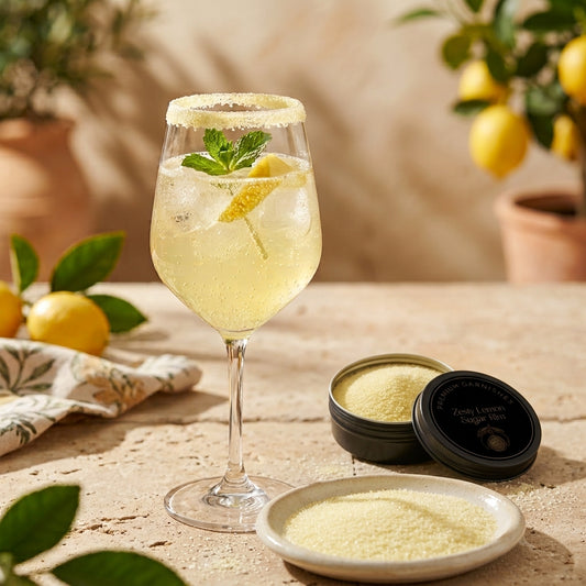 A glass of lemonade with a sugar rim sits on a stone surface beside a small dish and open tin of Zoes Lemon Sugar Scrub, with lemons and plants in a warm outdoor setting.