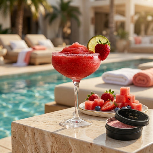Stunning, fresh, elegant strawberry daiquri with strawberry sugar rim beside a pool setting with lounge chair, fresh fruit platter and a crystal pool.