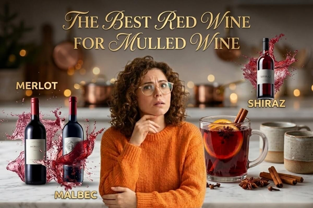 Woman deciding the best red wine for mulled wine with Merlot, Malbec and Shiraz options