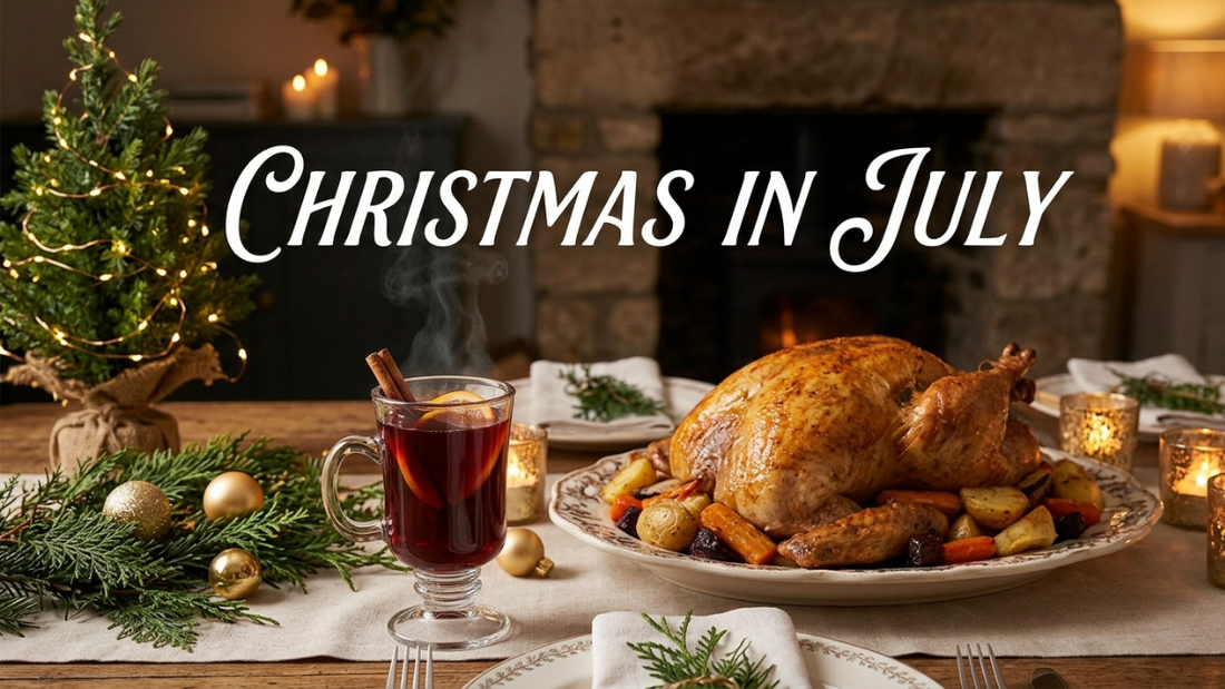 A cozy and elegant Christmas in July dinner table setting featuring a steaming glass of mulled wine, a roasted turkey with vegetables, a small decorated Christmas tree with fairy lights, and candles in a warm, rustic home environment.