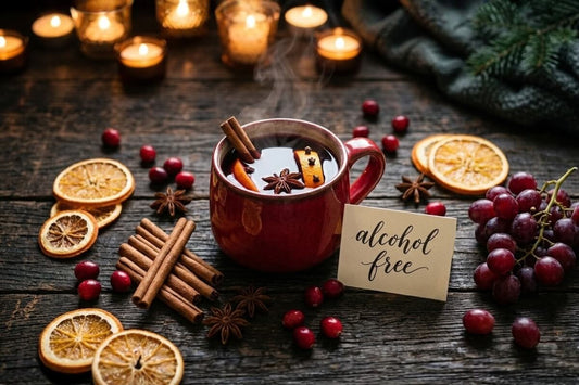 Steaming mug of non-alcoholic mulled wine with cinnamon sticks orange slices and fresh cranberries on a rustic wooden surface