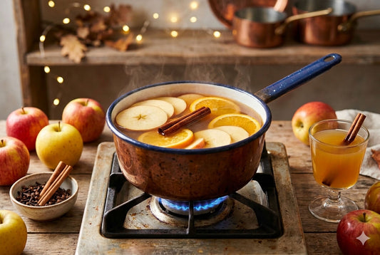 Mulled apple cider simmering on stovetop with apple slices, orange rounds, cinnamon sticks and cloves