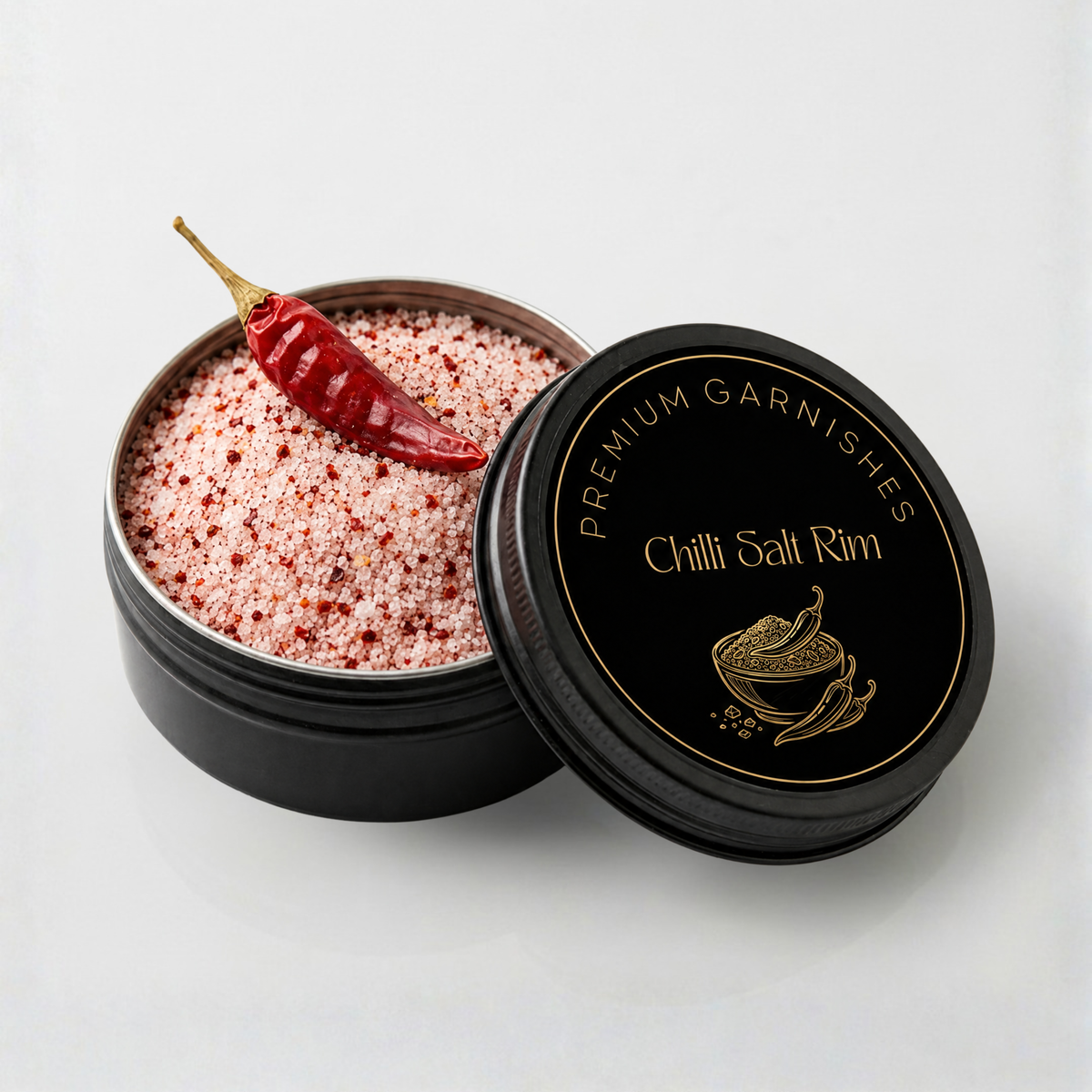 Chilli Salt Rim in a black tin, a 50g Himalayan pink salt and chilli cocktail rim by Mulled Beverages