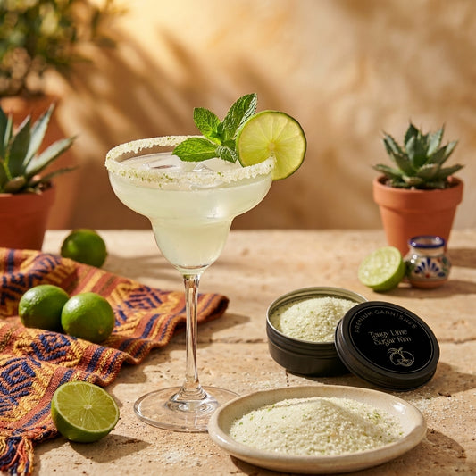 A margarita glass with a lime wheel and mint garnish sits on a rustic table beside open and closed round jars of Zenta Lime Sugar Syrup, with lime halves, a patterned cloth, and small potted succulents in the background.