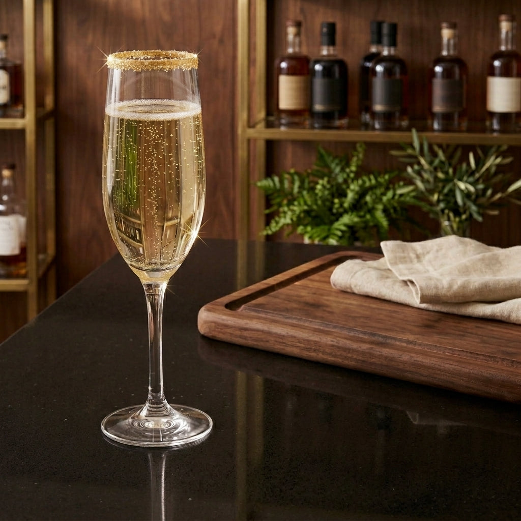 Glass of champagne with a sparkling edible gold sugar rim