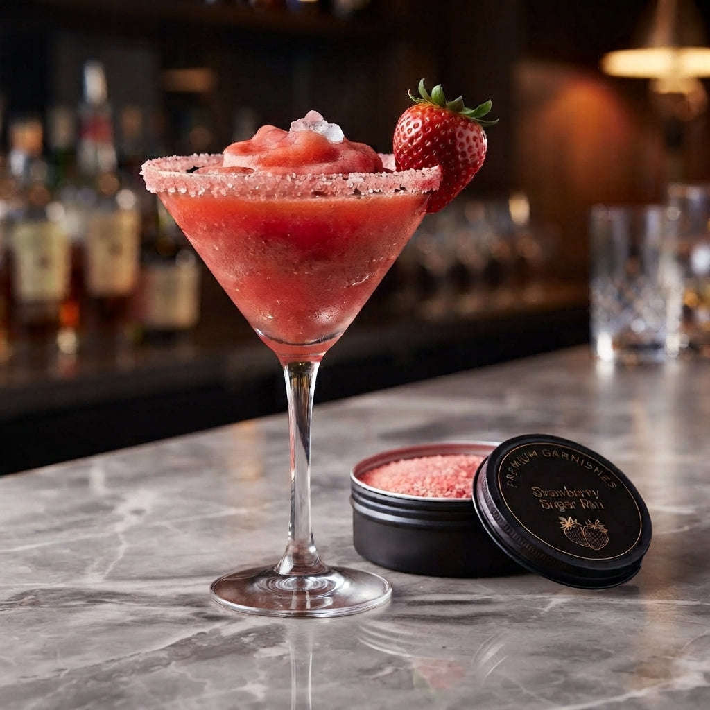 A pink-red strawberry margarita in a martini glass with a sugar-rimmed edge, garnished with a fresh strawberry, set on a marble bar counter next to an open black tin of True Gourmet Mixes Strawberry Sangria Mix.