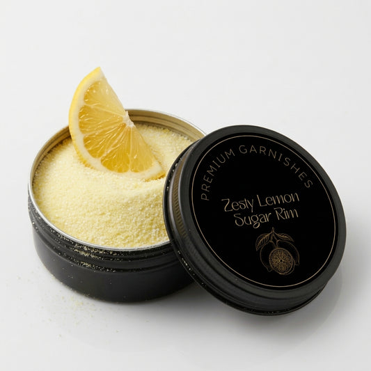 A black round tin of garnish sugar rim, shown open with a yellow lemon slice resting in the pale yellow sugar rim inside. The lid is placed beside the tin, featuring gold text that reads 'PREMIUM GARNISHES Zesty Lemon Sugar Rim'.